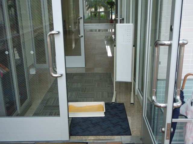 Public Building Entrance with Wet Disinfectant Towels for Shoe Soles